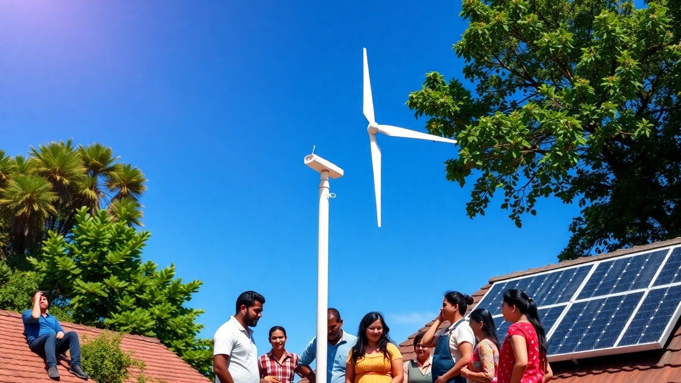 Community members installing solar panels and wind turbine.