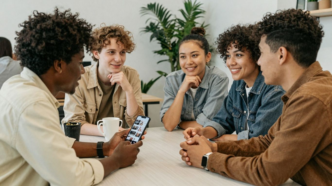 Influencers collaborating and discussing ideas in a bright workspace.