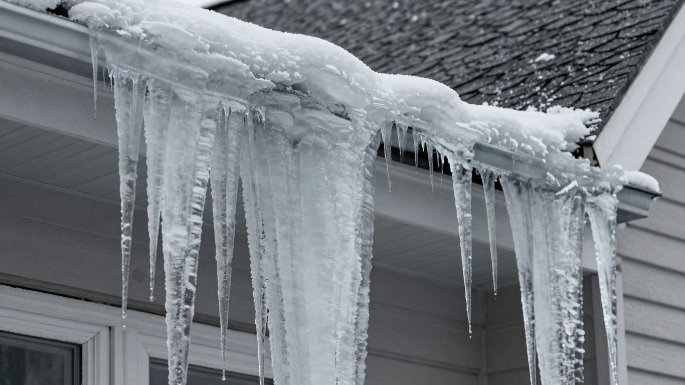 Thick ice and icicles on a residential roof edge.