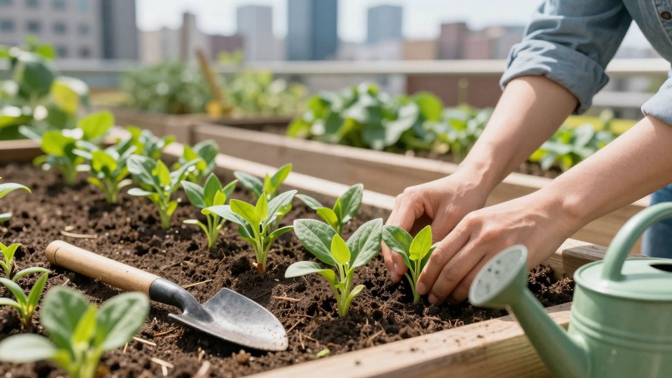 Stadtgärtner pflegen junge Pflanzen im Frühling