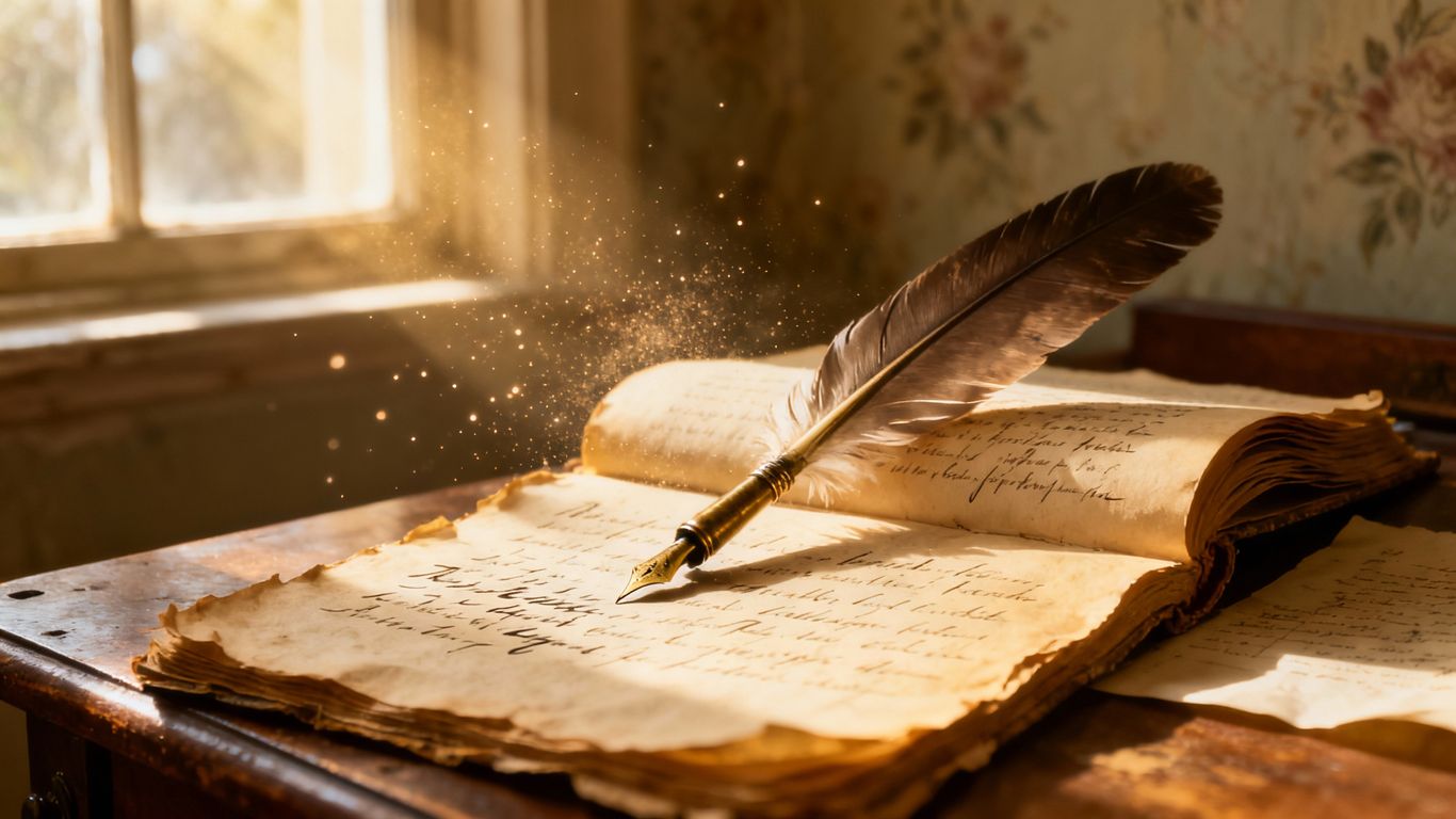 Quill pen on an old manuscript with sunlight.