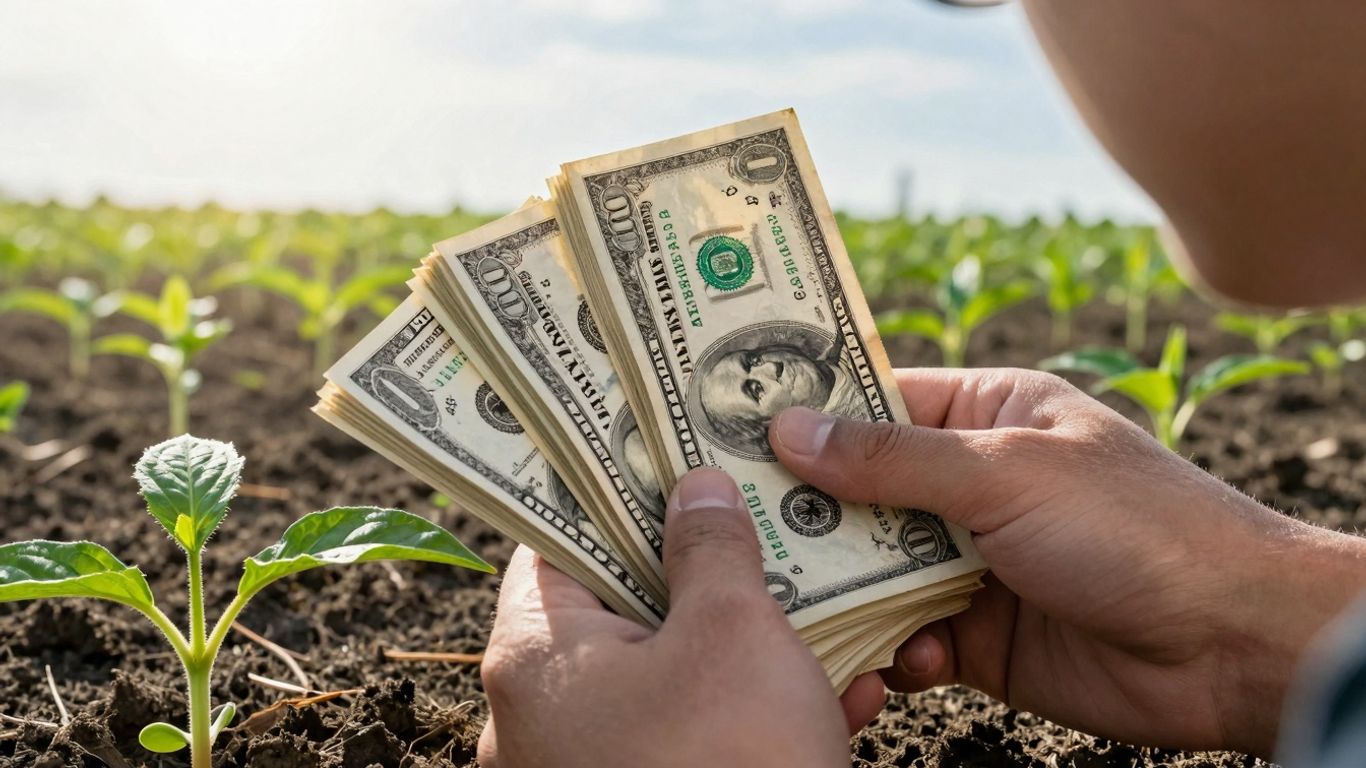 Person holding money with green plants and bright horizon.
