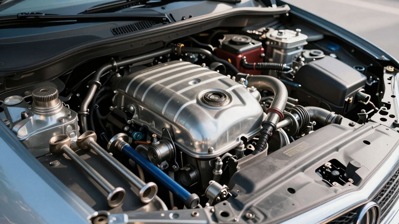 Car engine bay with tools, suggesting maintenance.