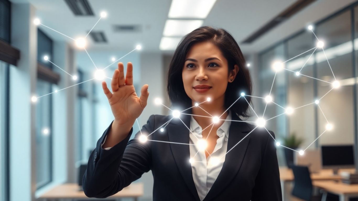 Consultoria em IA com visualização de dados holográfica.