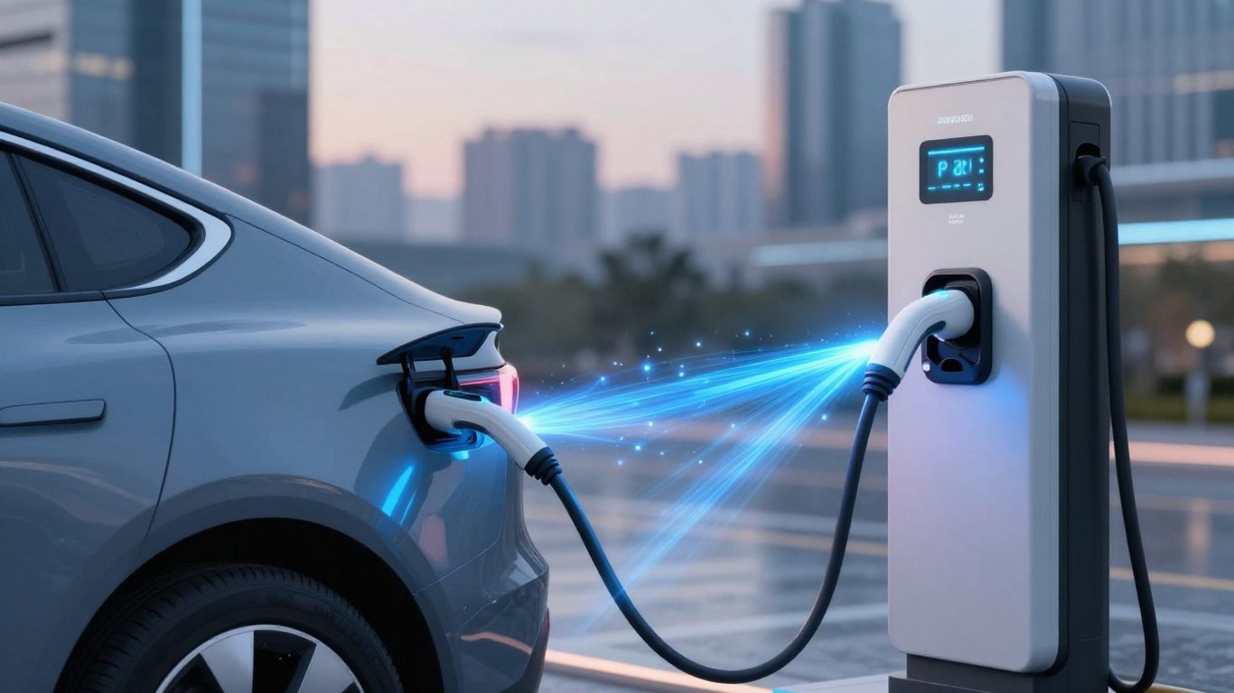 Electric car charging at ultra-fast 350kW+ station.