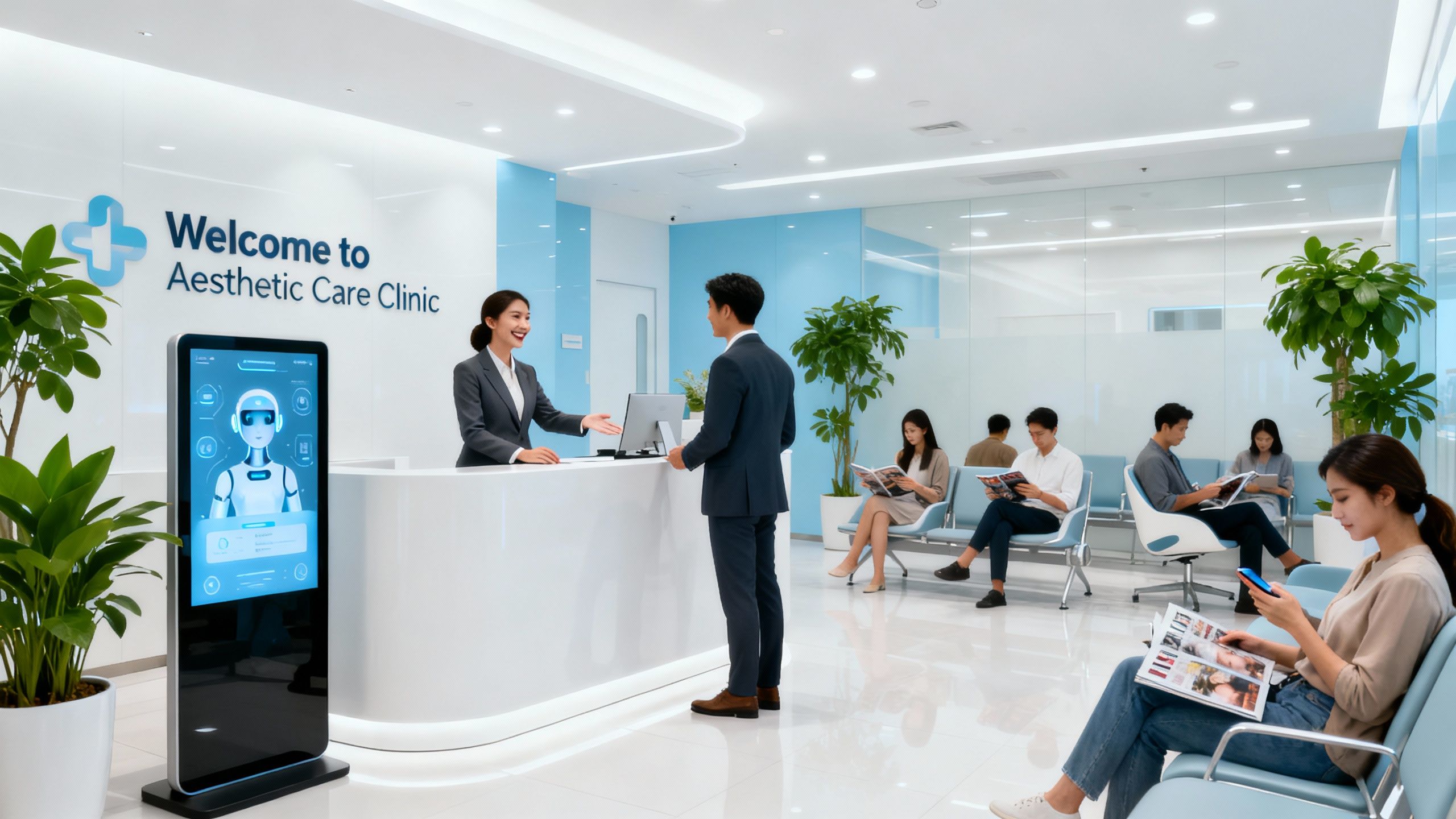 Busy aesthetic clinic with human and virtual receptionists