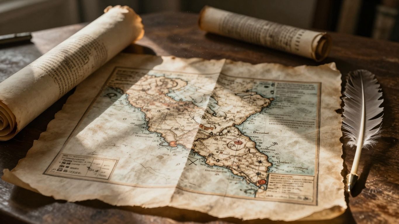 Starożytne zwoje i mapy na drewnianym stole.