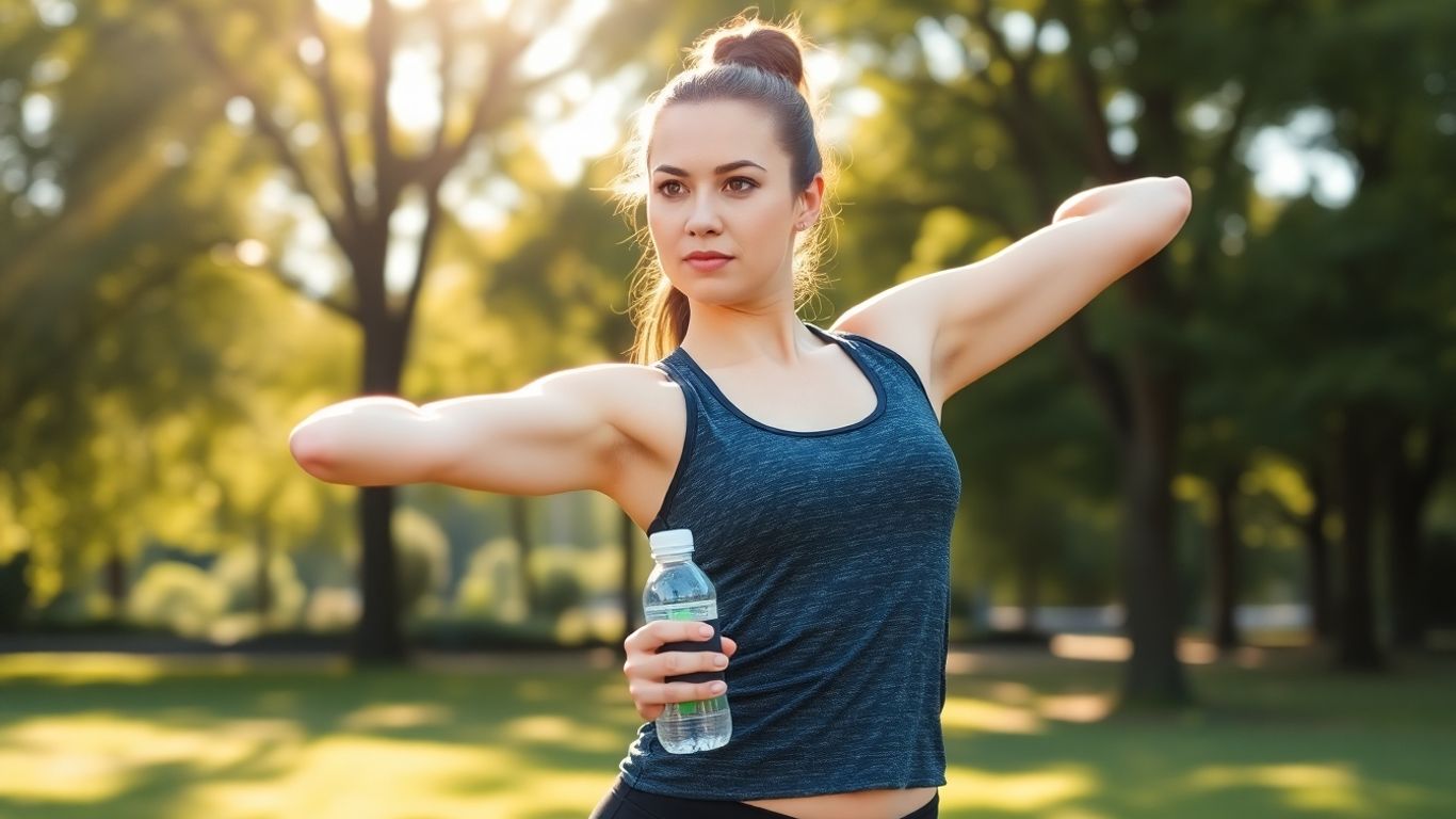 Femeie întinzându-se în parc, pregătită pentru fitness.