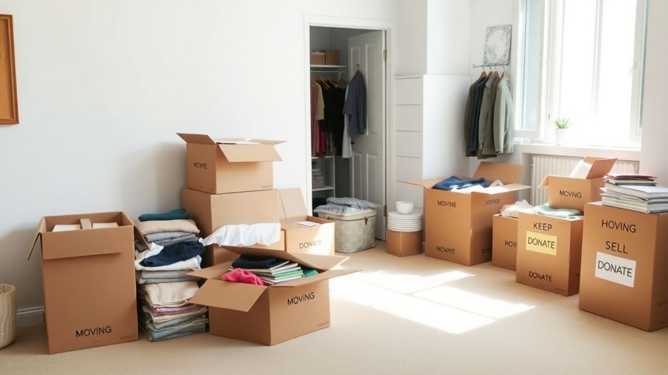 Organised moving boxes with items to keep, sell, donate
