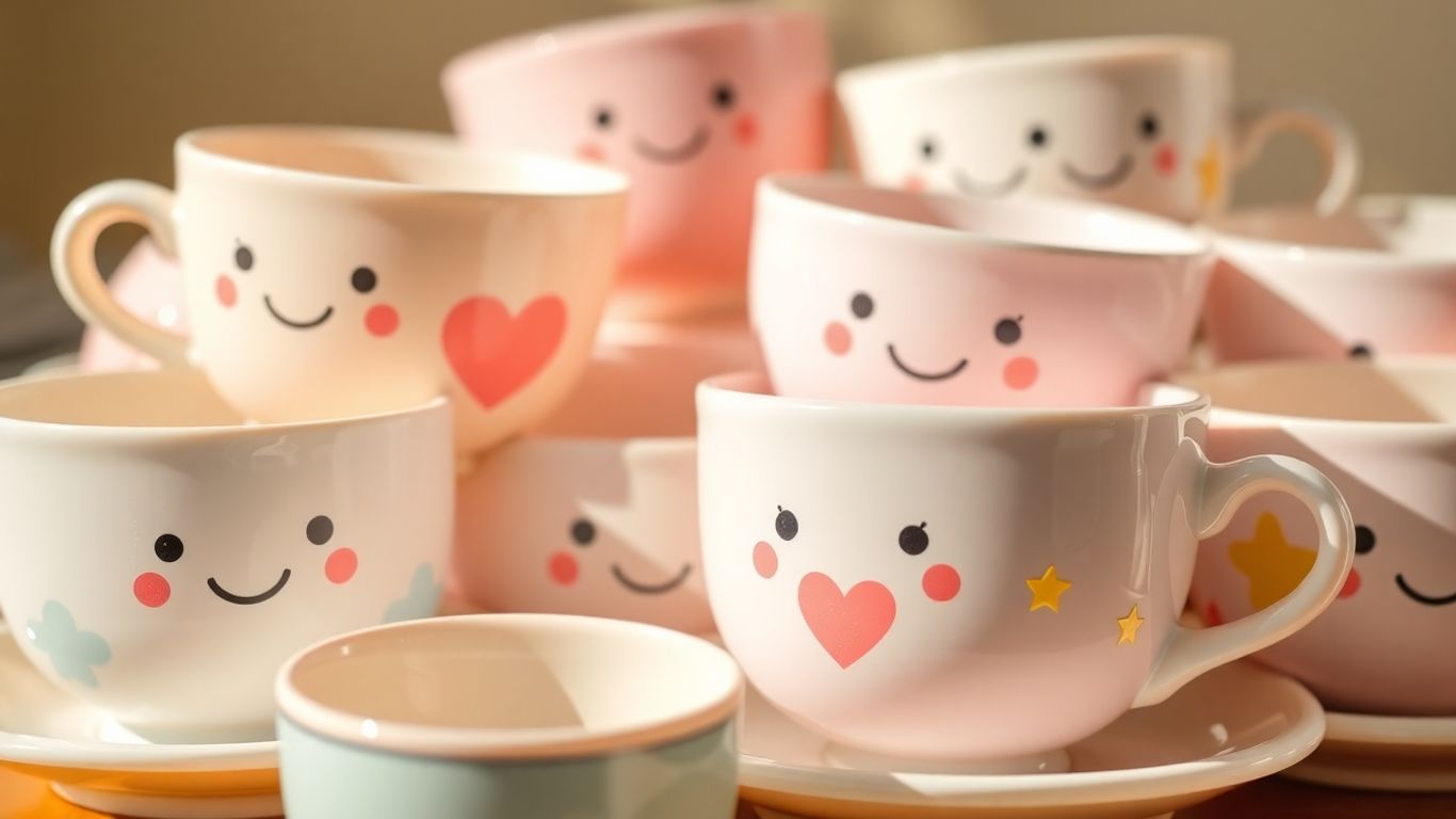 Cute kawaii tea cups with charming designs.