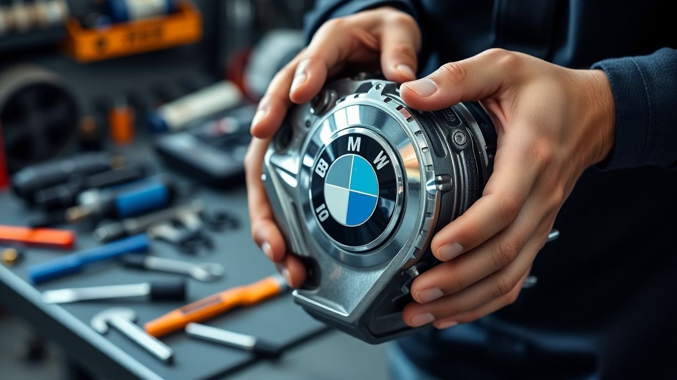 Mechanic holding BMW spare part