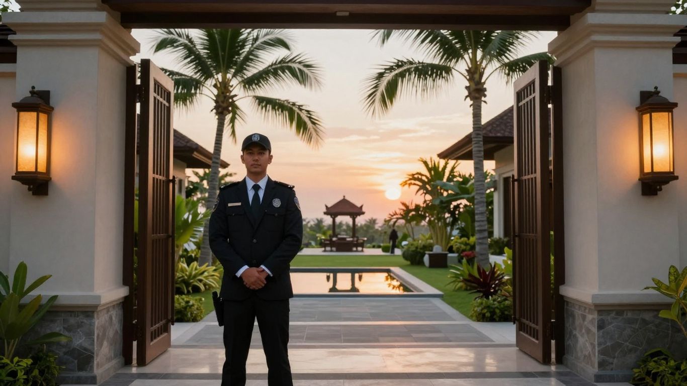 Professional security detail guarding a luxury villa in Bali.