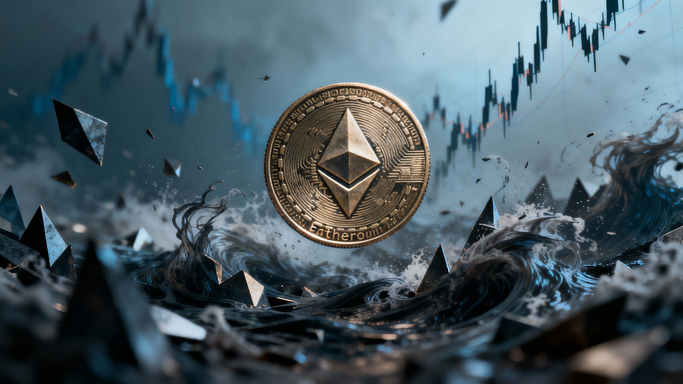 Ethereum coin amidst market volatility and ETF uncertainty.