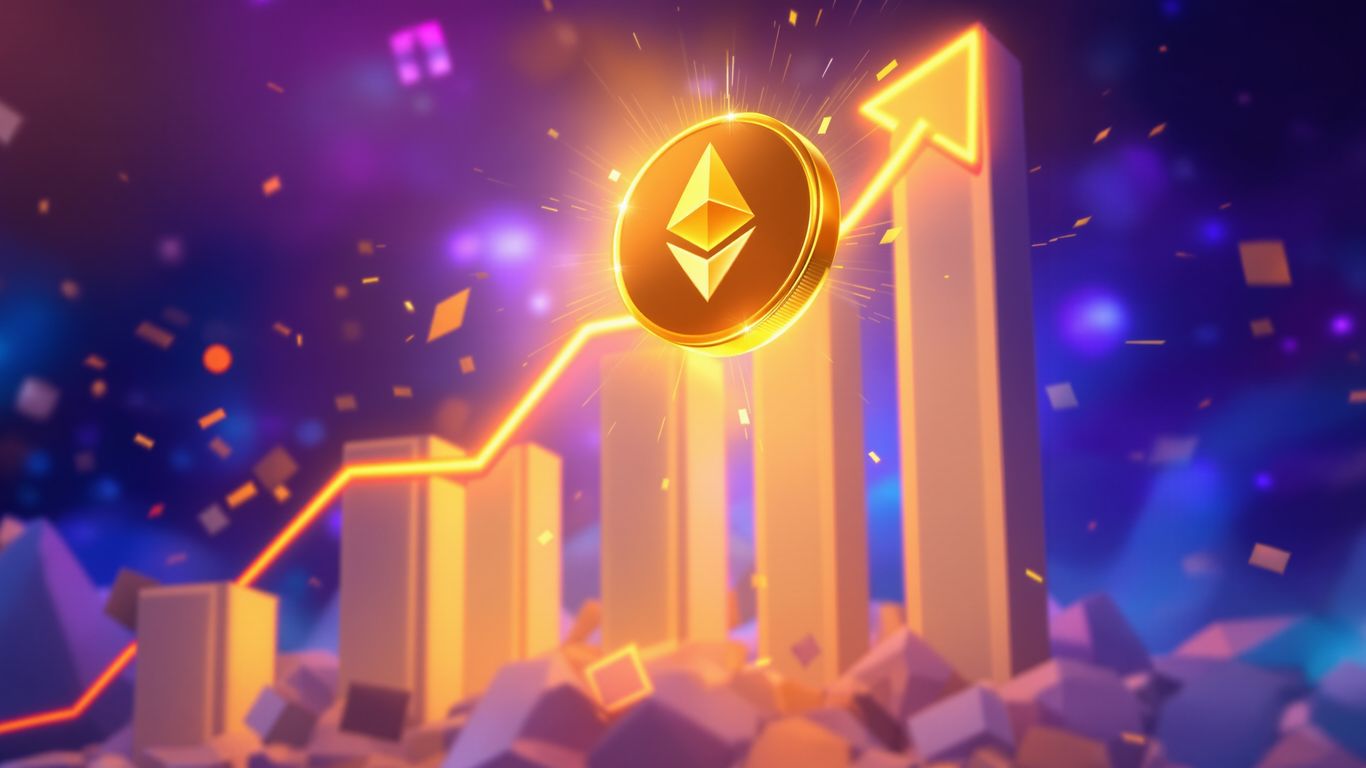 Ethereum coin soaring upwards with golden light.