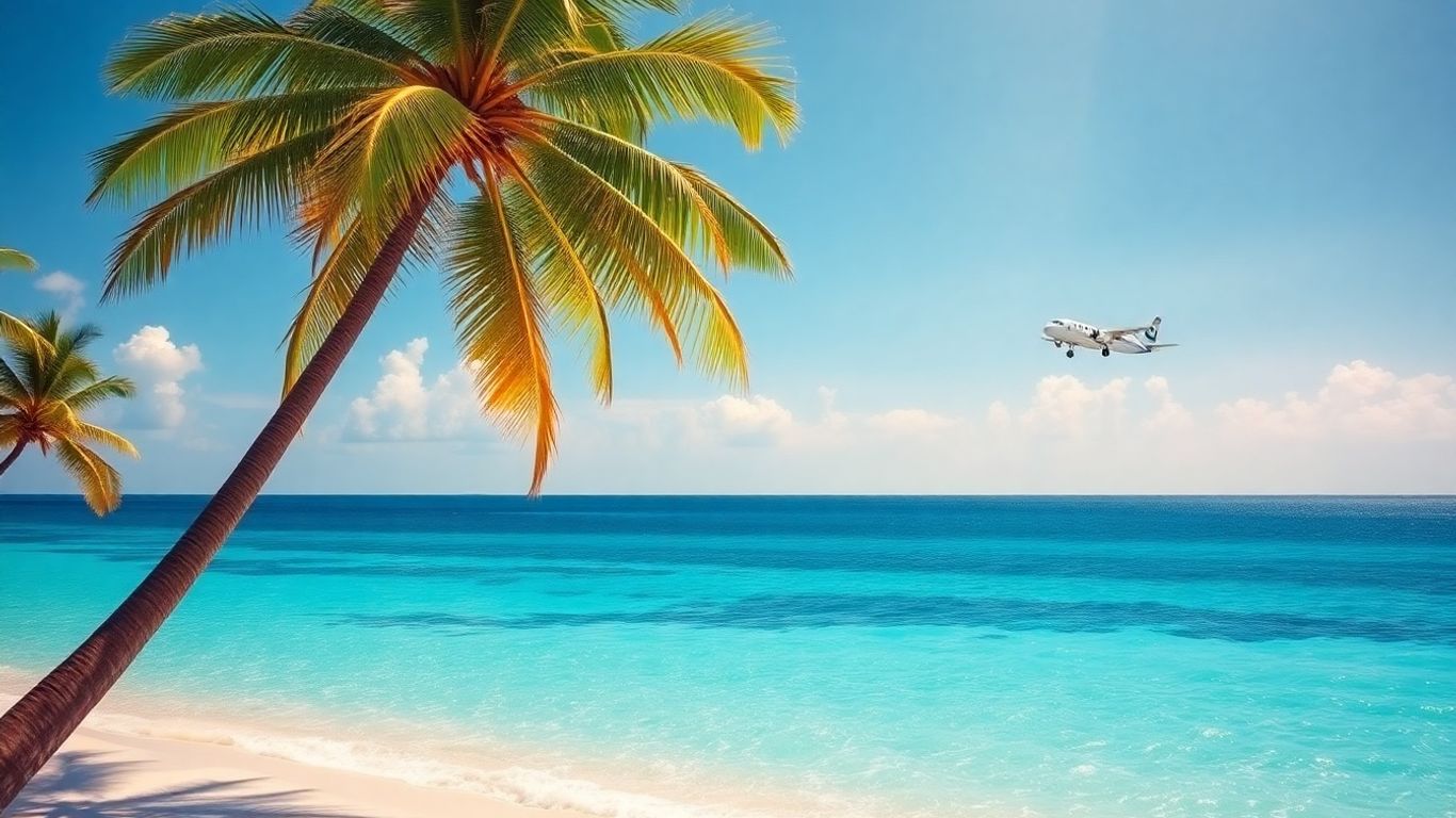 Tropical beach with airplane flying over ocean.