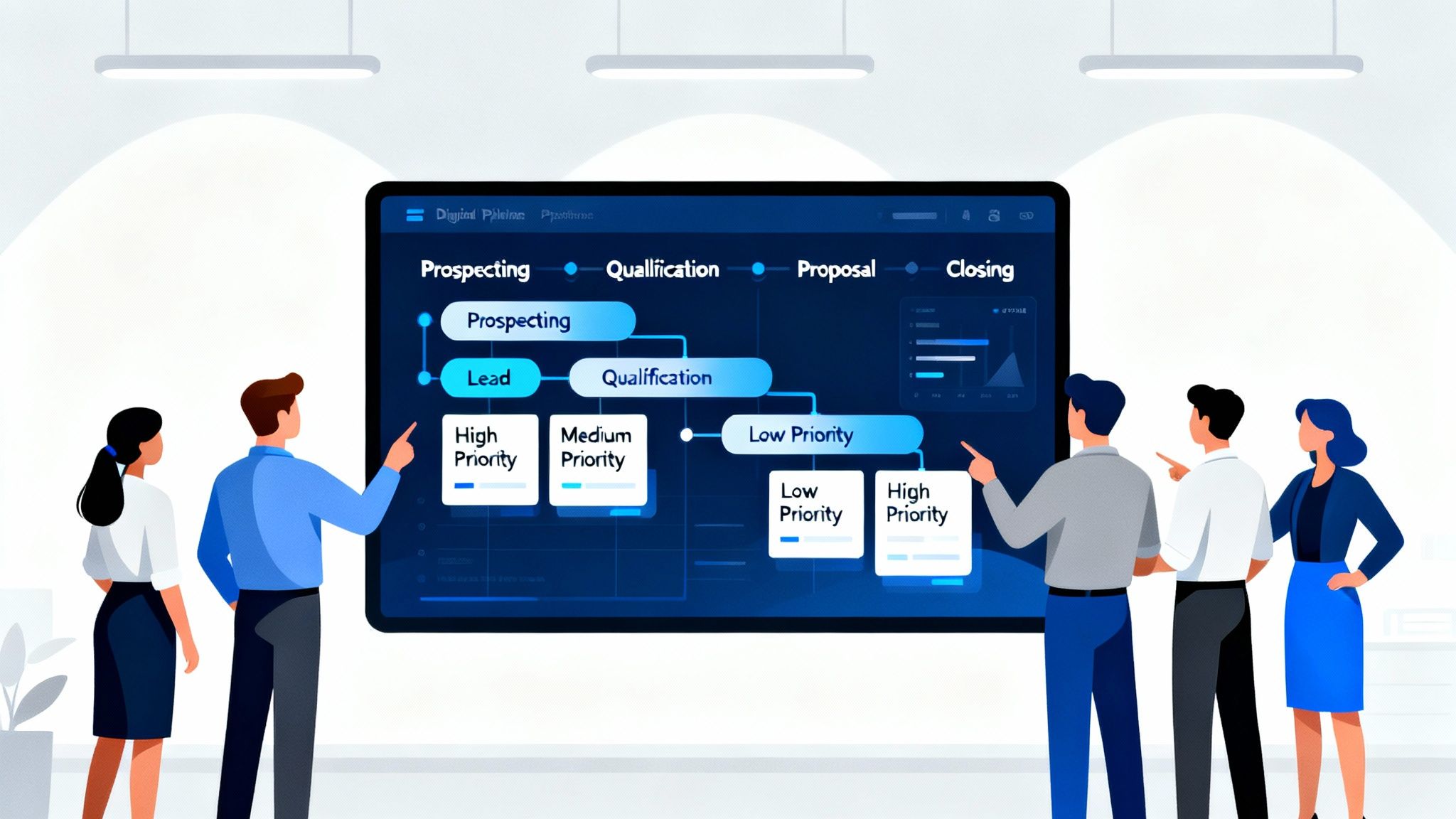 Business team reviewing pipeline and leads in a digital workspace