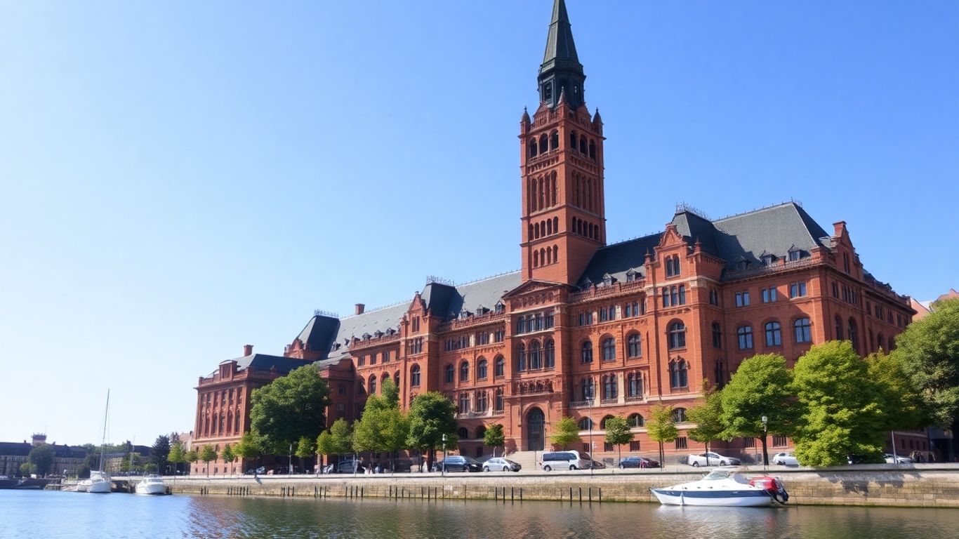 Ratusz Sztokholmski nad wodą z wieżą.