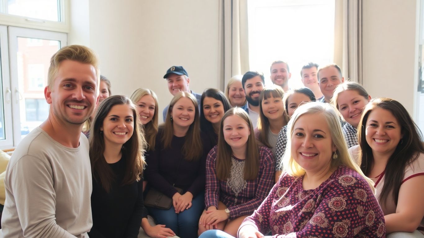 People in a supportive hostel environment smiling together.