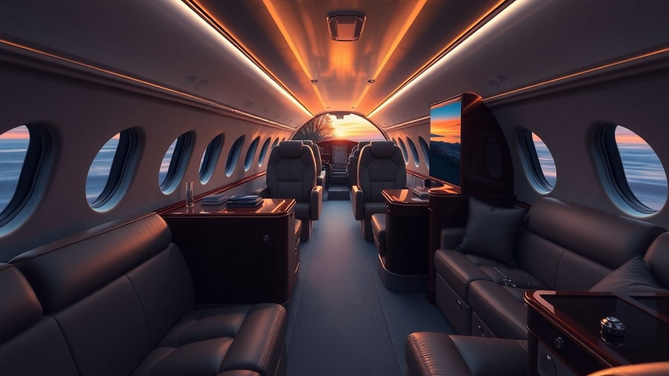 Interior of a lavish private jet with leather seats.
