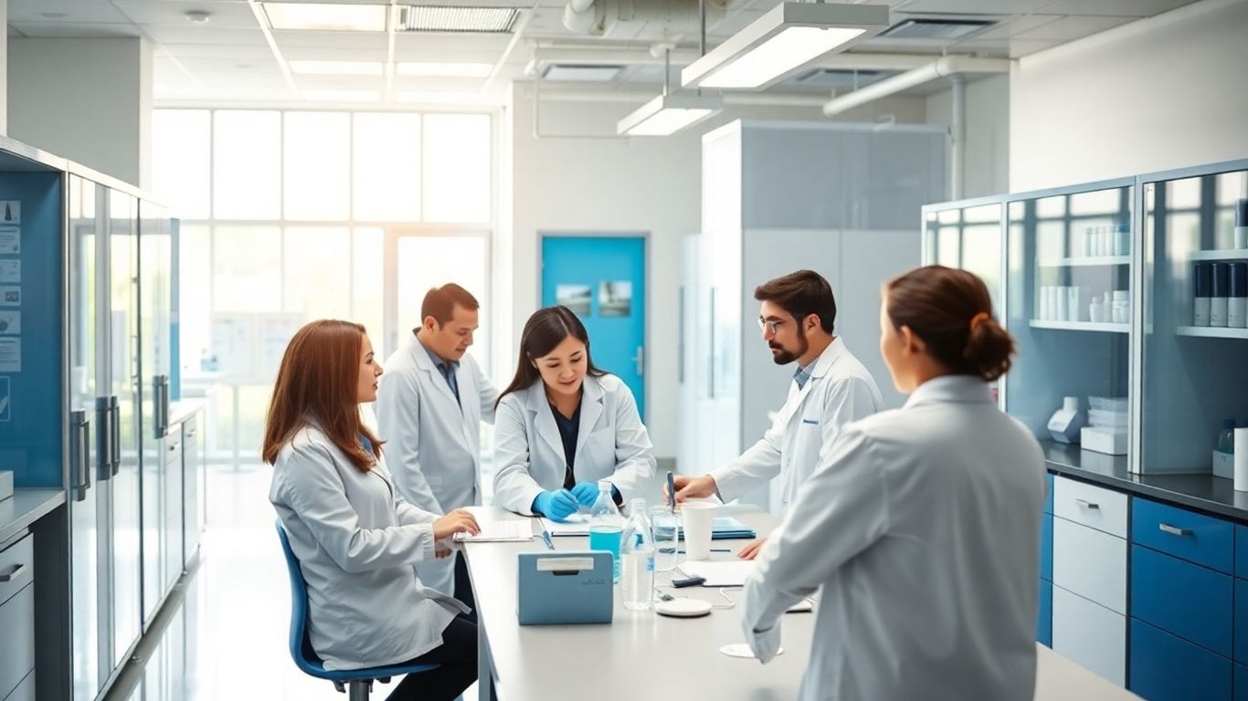Wissenschaftler arbeiten in einem modernen Labor mit blauen Akzenten.