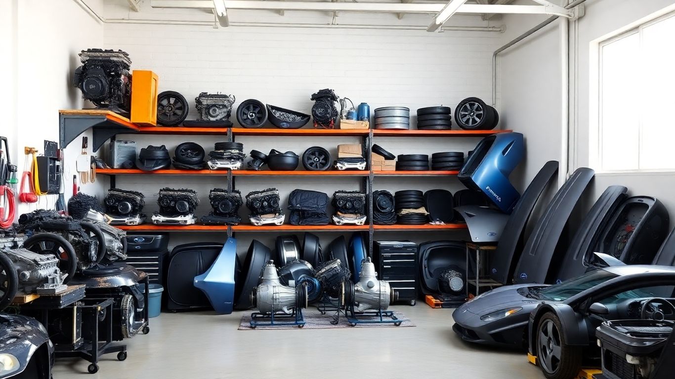 Subaru car parts in a workshop