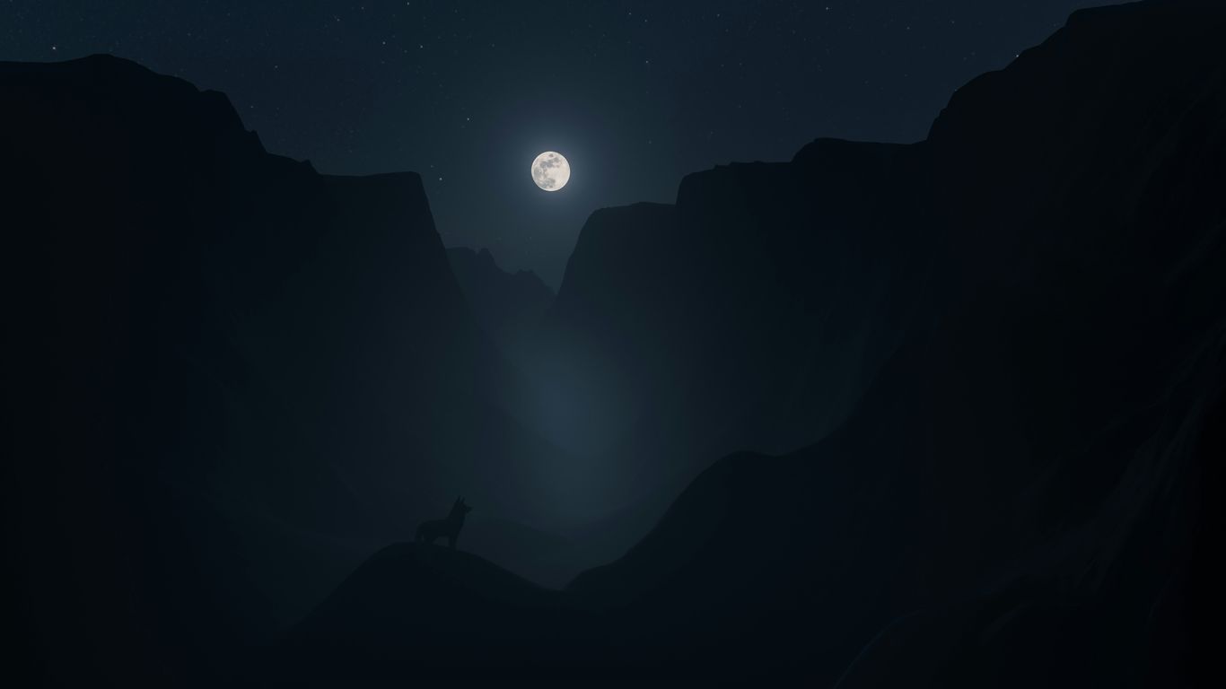 a man standing on top of a mountain under a full moon
