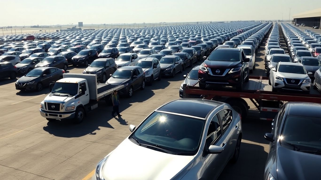 Nissan cars being loaded onto transport trucks.