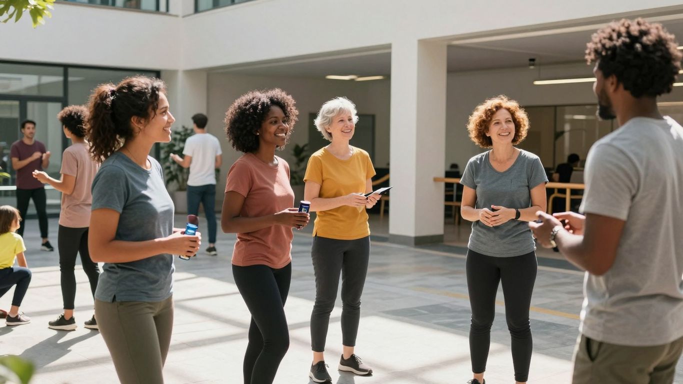 Oameni diversă interacționând într-un spațiu public luminos.