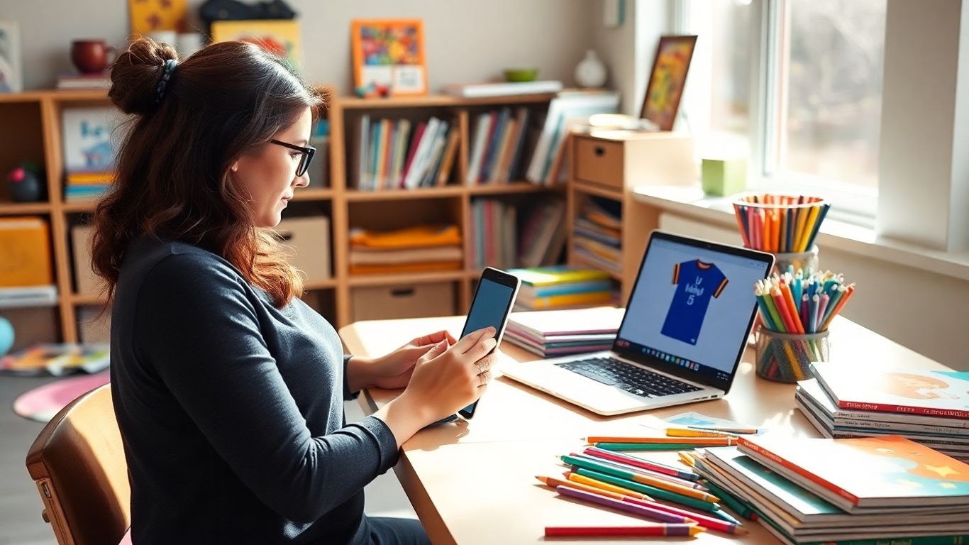Teacher designing t-shirt for print-on-demand side hustle.