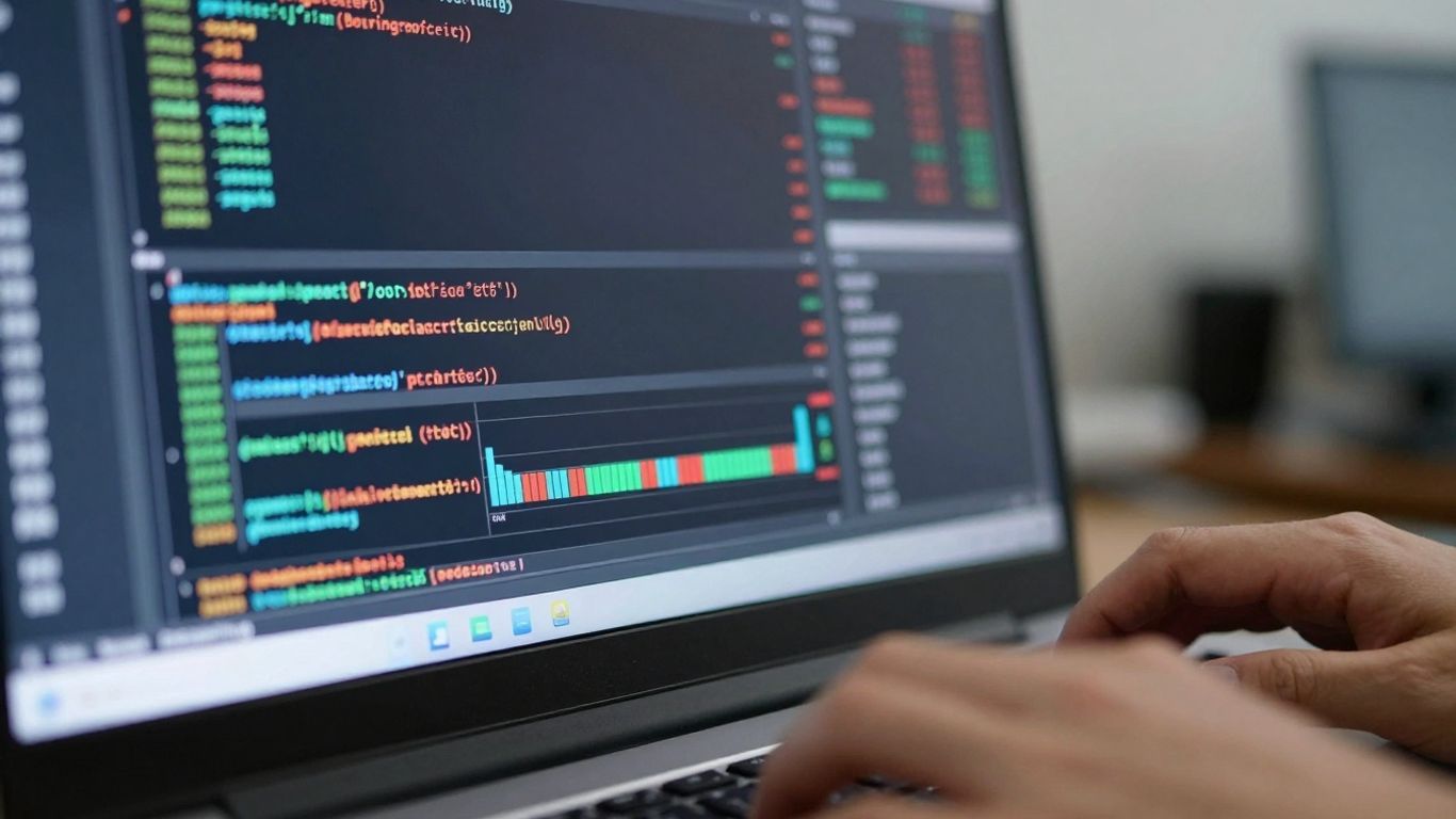 Automated trading interface with charts and code.