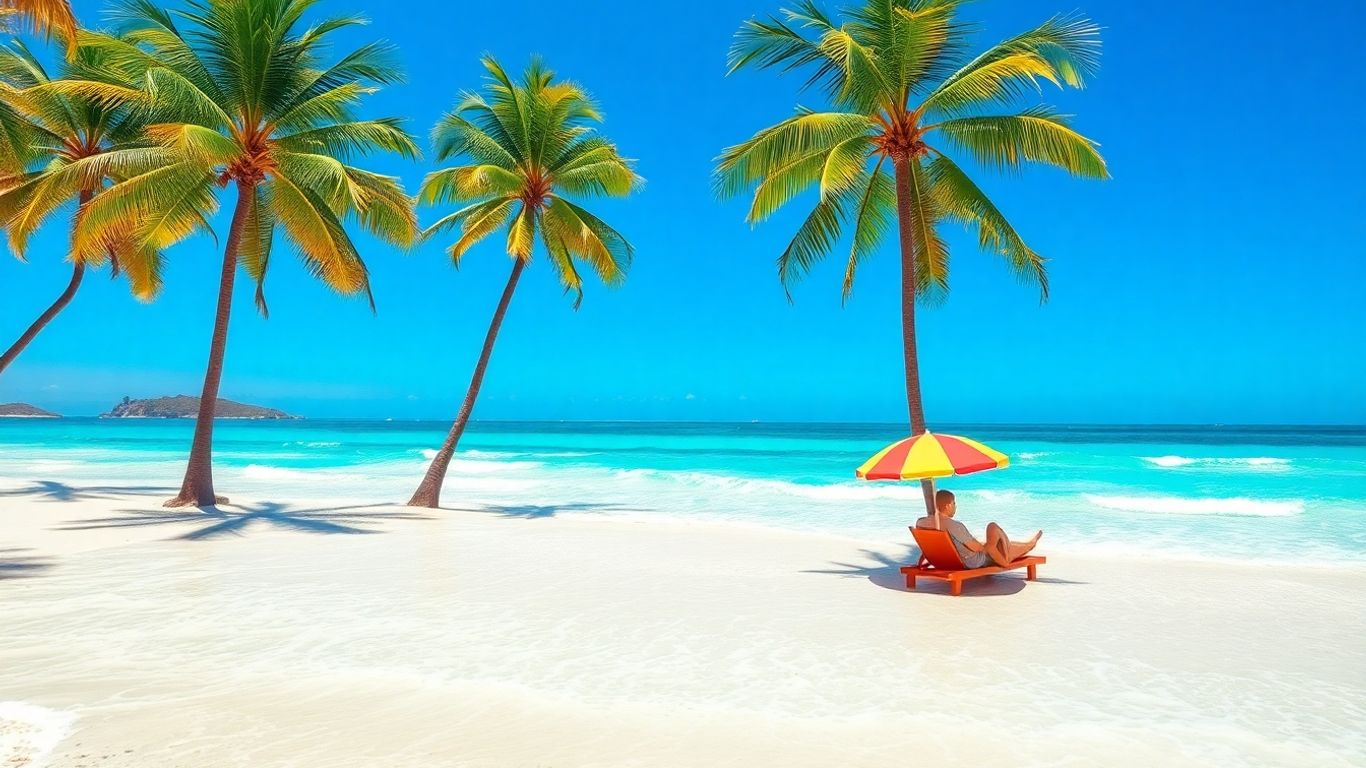 Couple relaxing on a sunny beach with clear blue water.