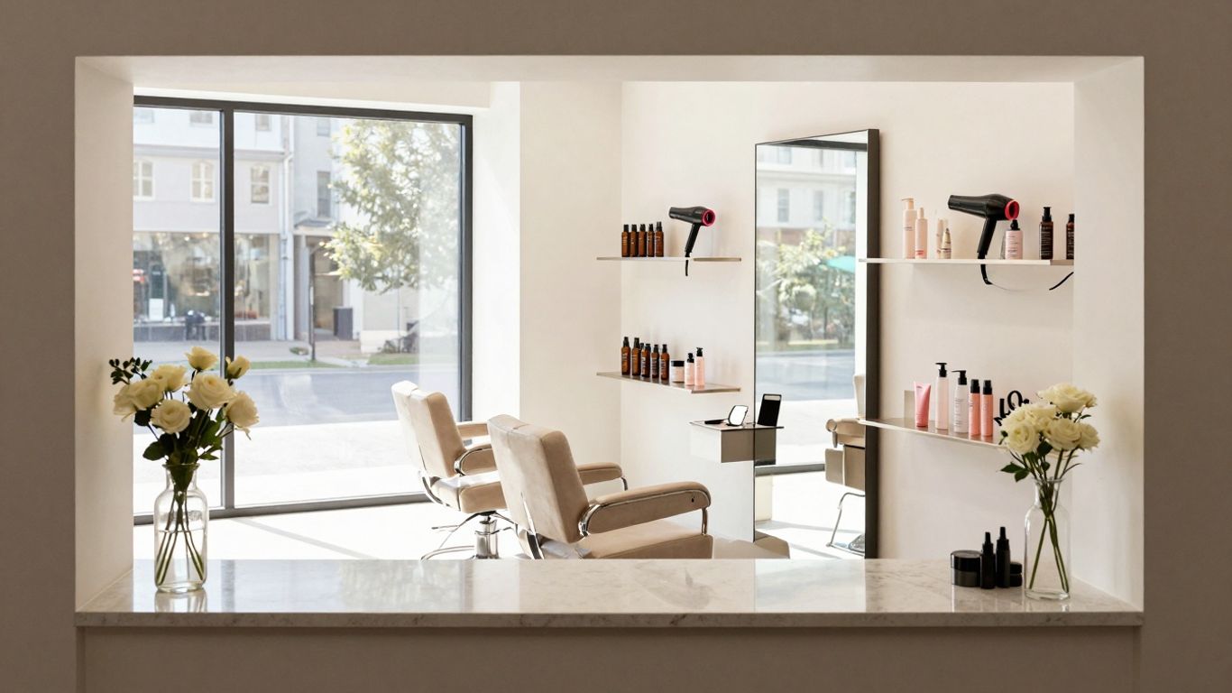Modern beauty salon interior with styling chair and products.