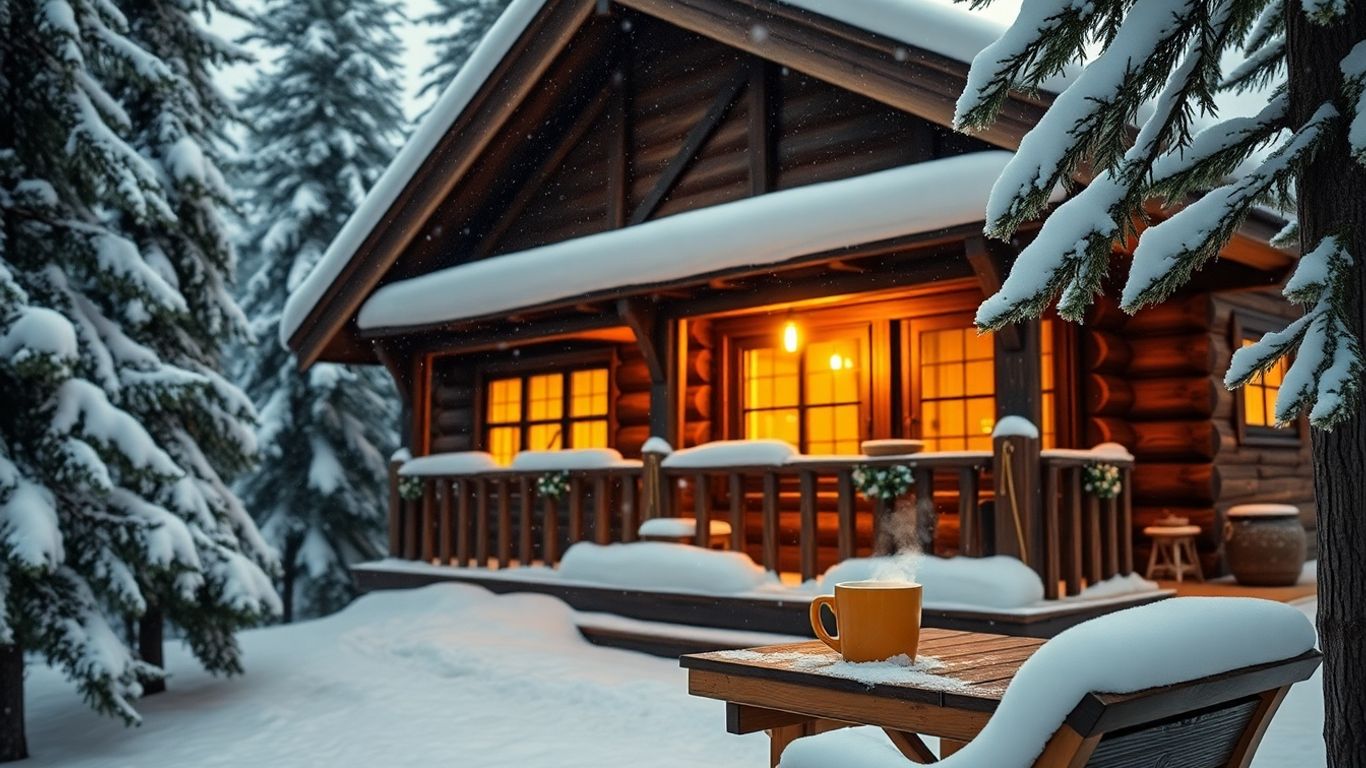 Chalet enneigé avec lumière chaleureuse aux fenêtres.