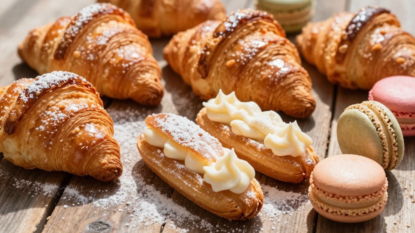 Prăjituri franțuzești delicioase aranjate pe o masă.