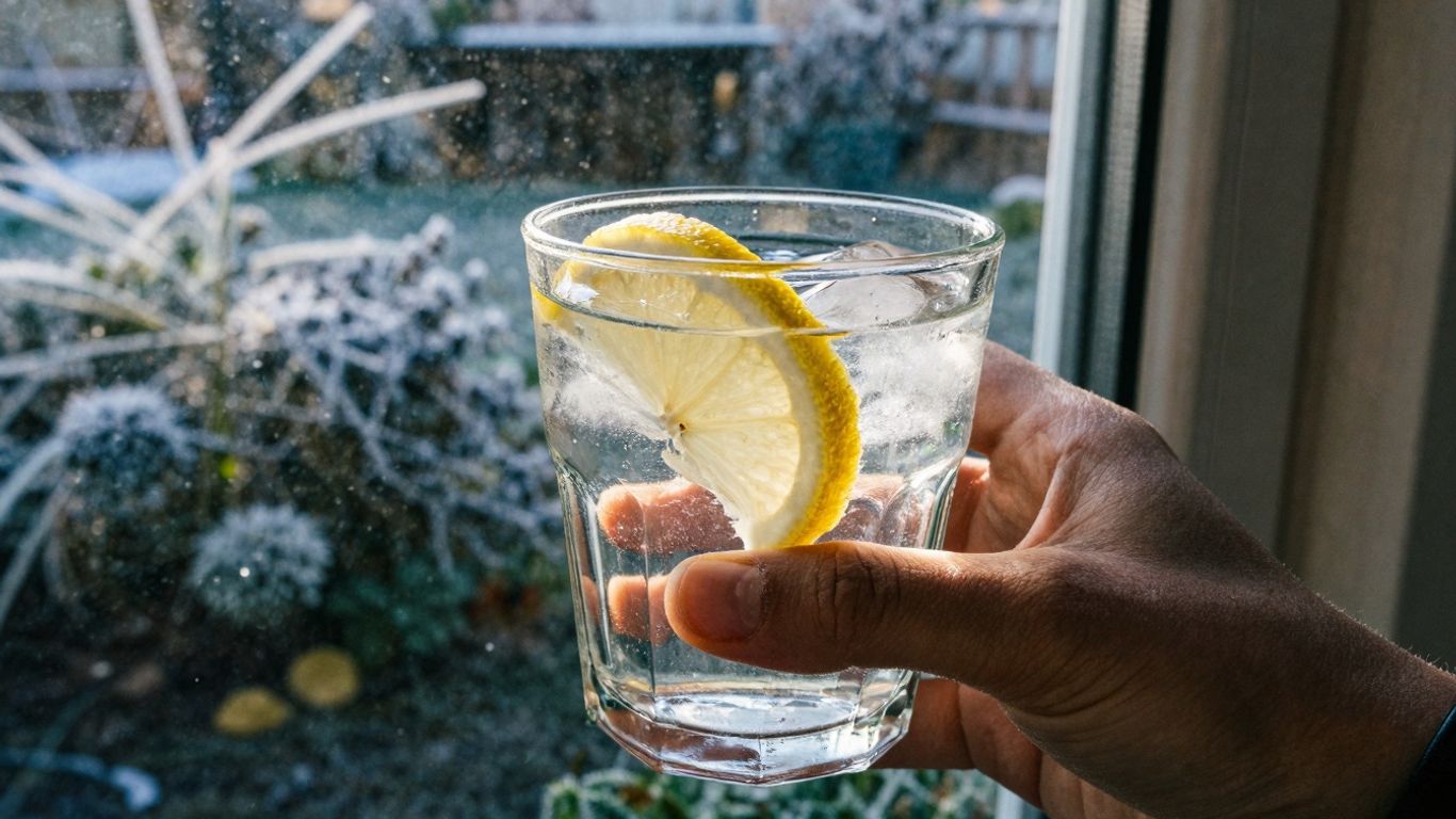 Person trinkt Wasser im Wintergarten