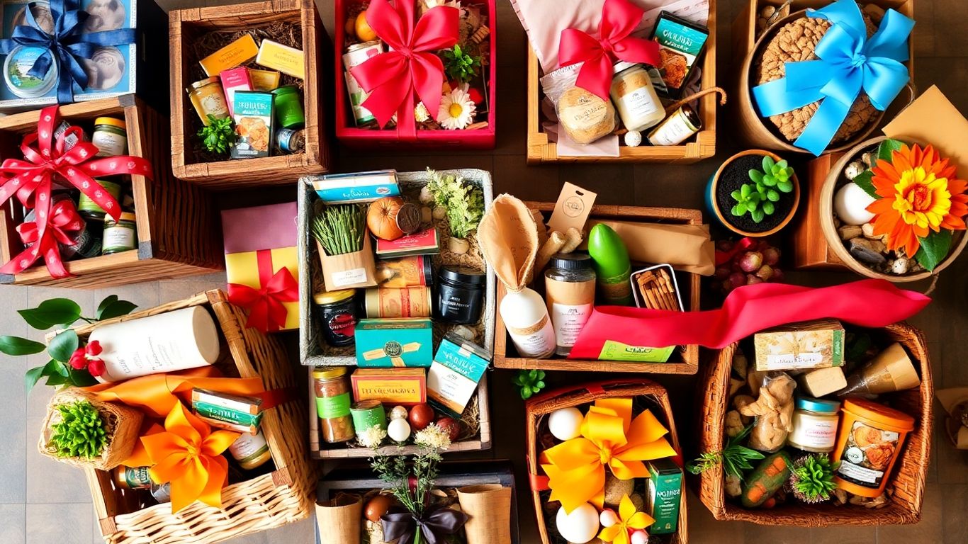Creative gift baskets with unique containers and colorful contents.