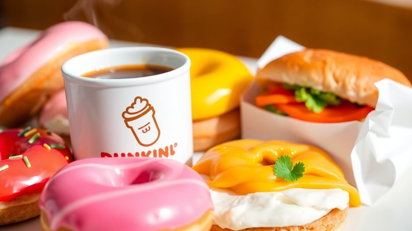 Dunkin' Donuts breakfast spread with coffee and donuts.