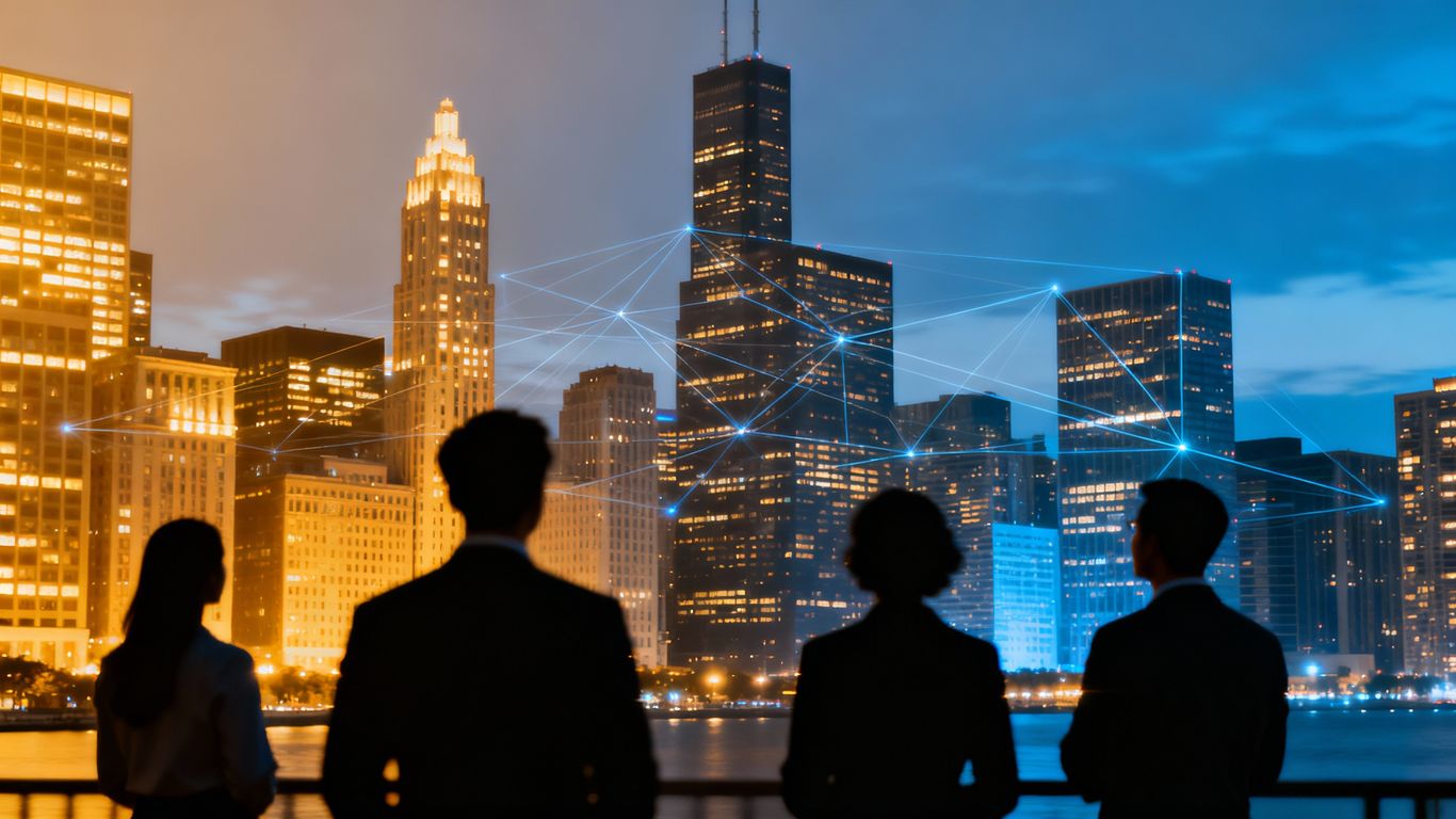Chicago skyline with IT network connections