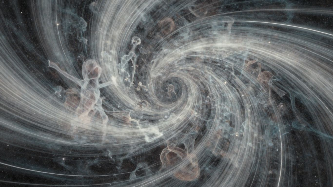 Wirujący wir energii kosmicznej z widmowymi postaciami.