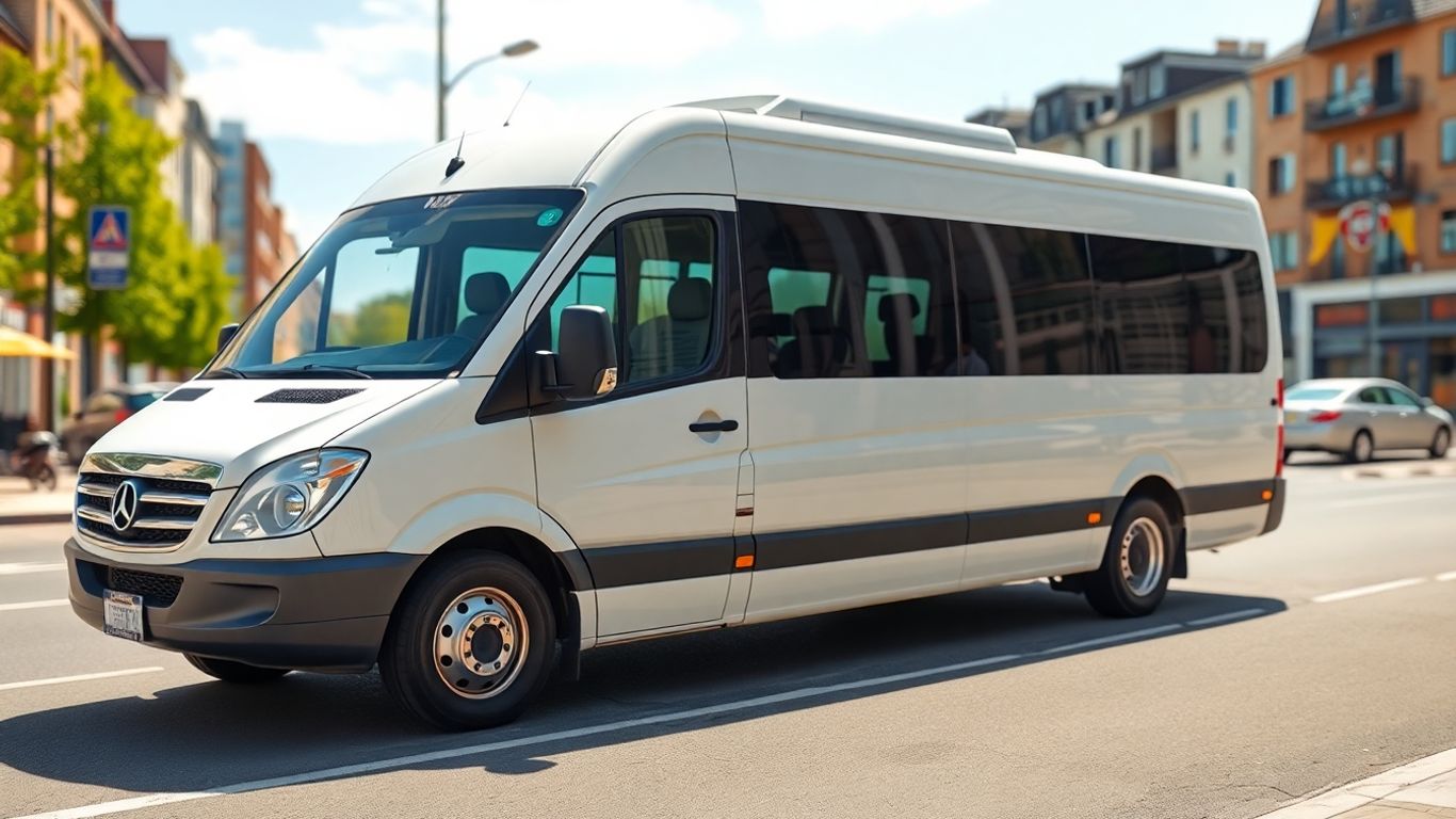 White minibus parked in Slough town centre.