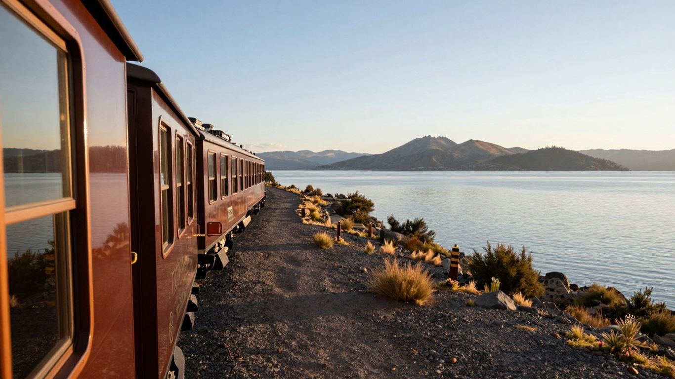 Andean Explorer train suites by Lake Titicaca at sunset.