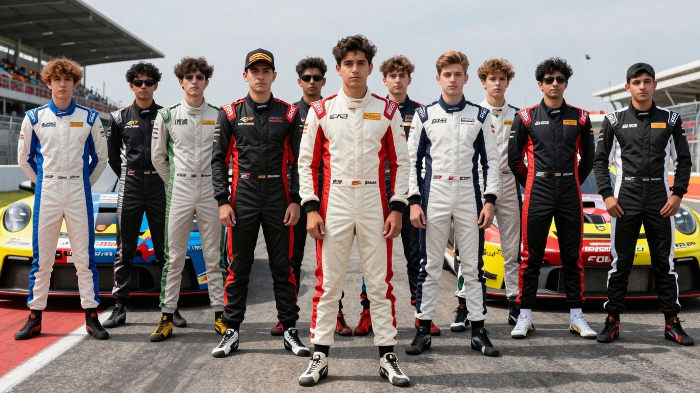 Young drivers and Porsche race cars on a track.