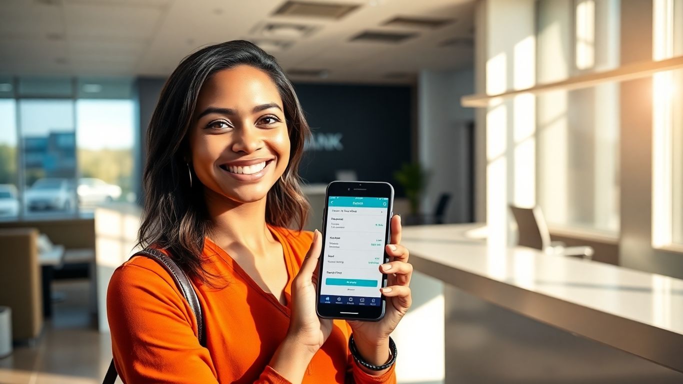 Persona sonriente con teléfono móvil en banco.