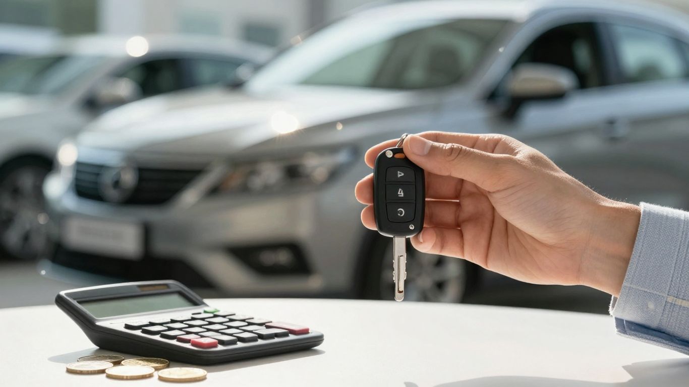 Car key with calculator and coins, financial planning concept.