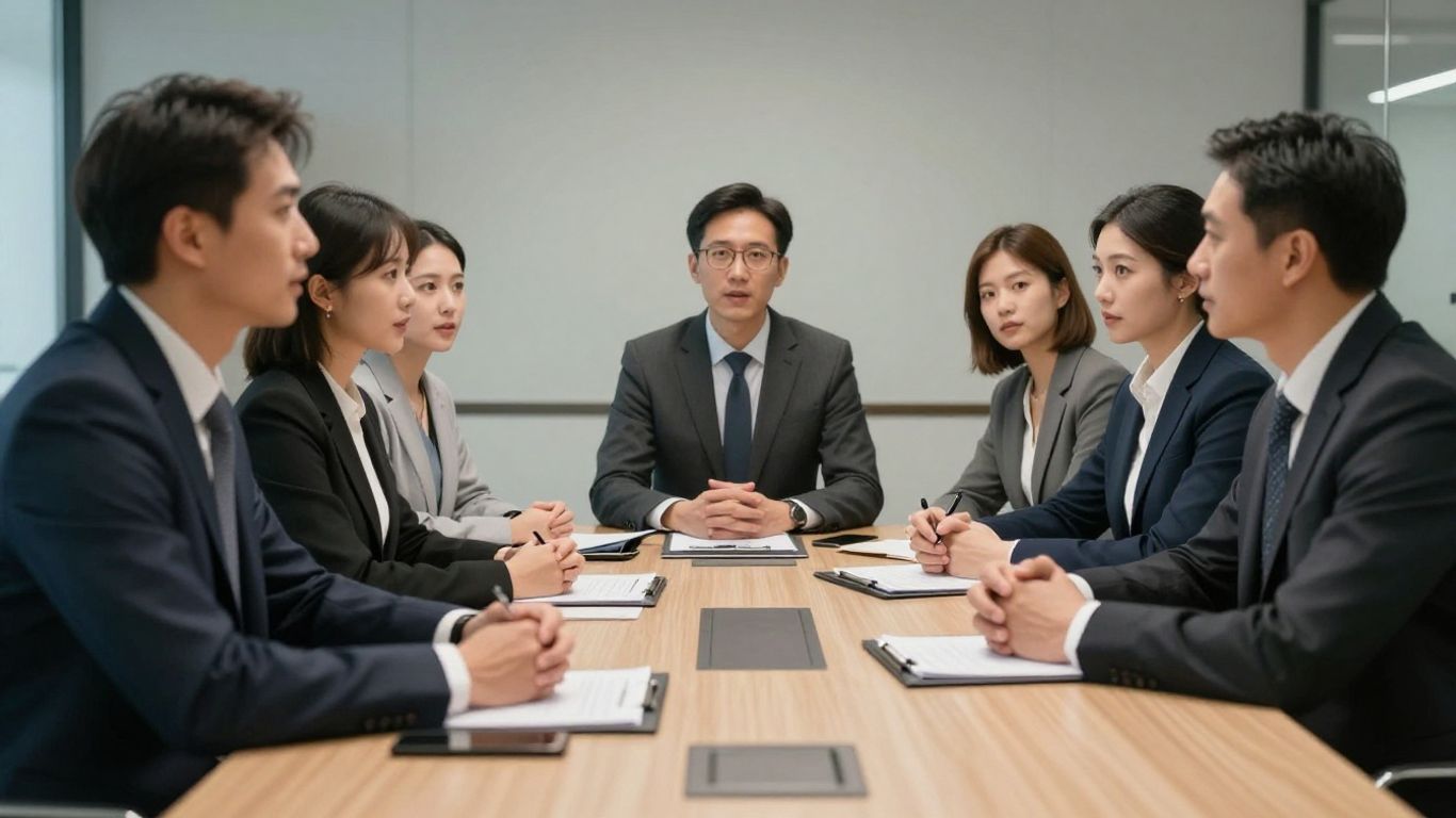 Boardroom meeting with directors discussing liability protection.