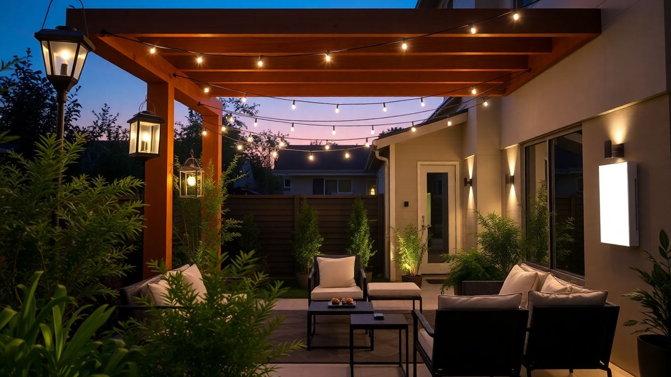 Modern patio with various outdoor lamps at dusk