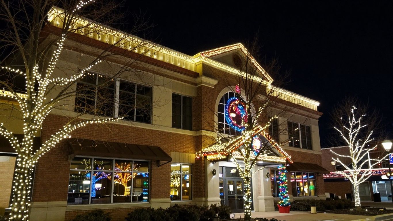 Commercial building decorated with bright Christmas lights at night.