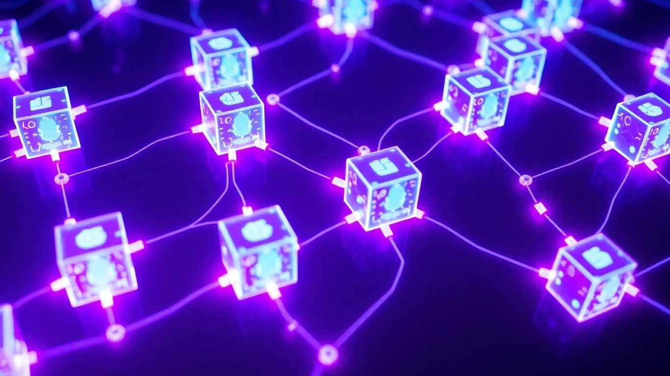Interconnected glowing digital blocks forming a network.