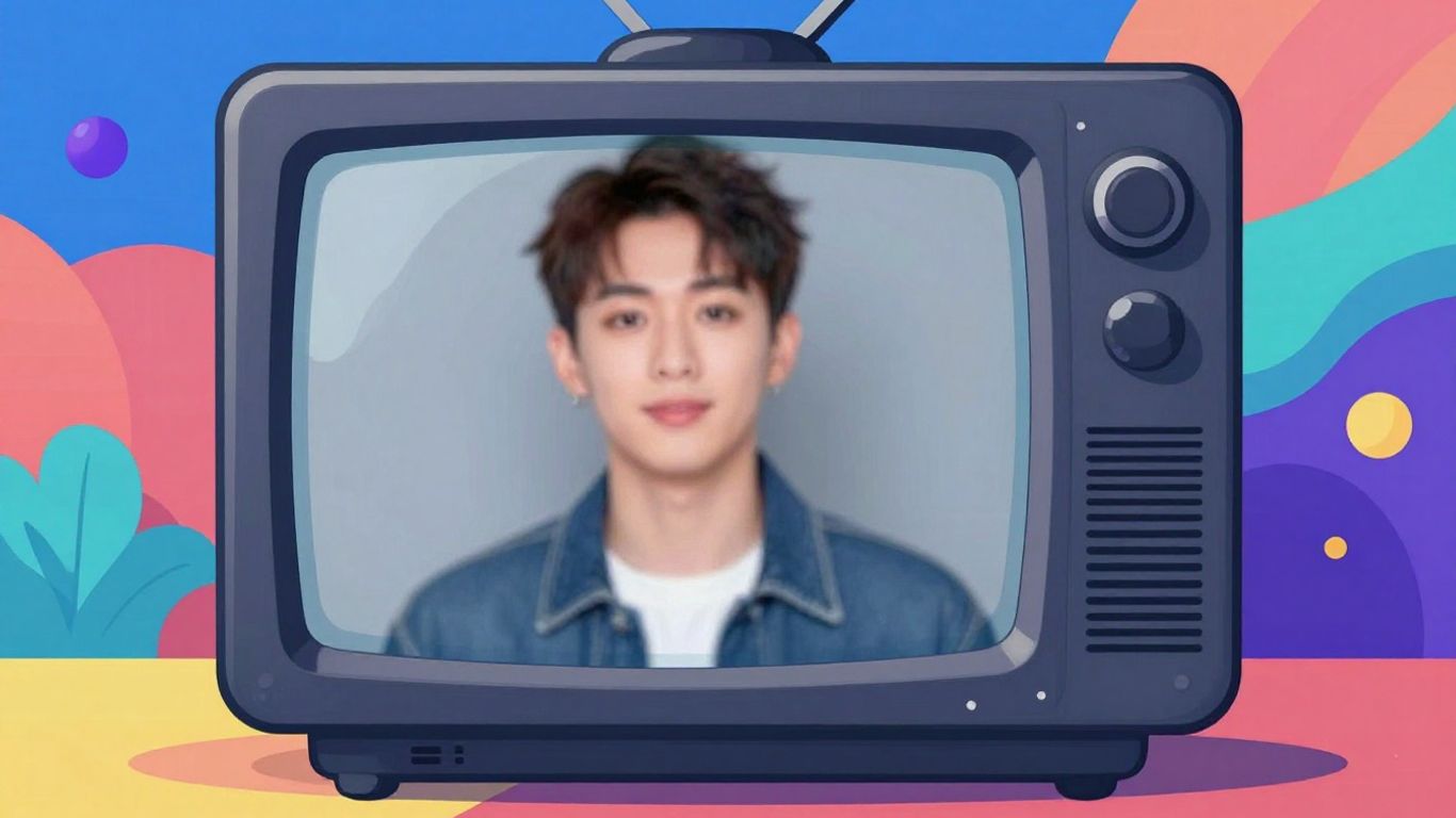 Celebrity on TV screen, game-like entertainment news.