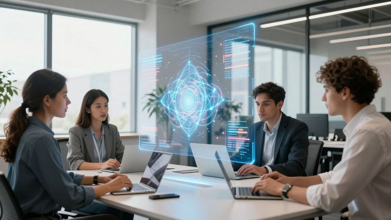 Profissionais colaborando com projeções de IA em escritório moderno.